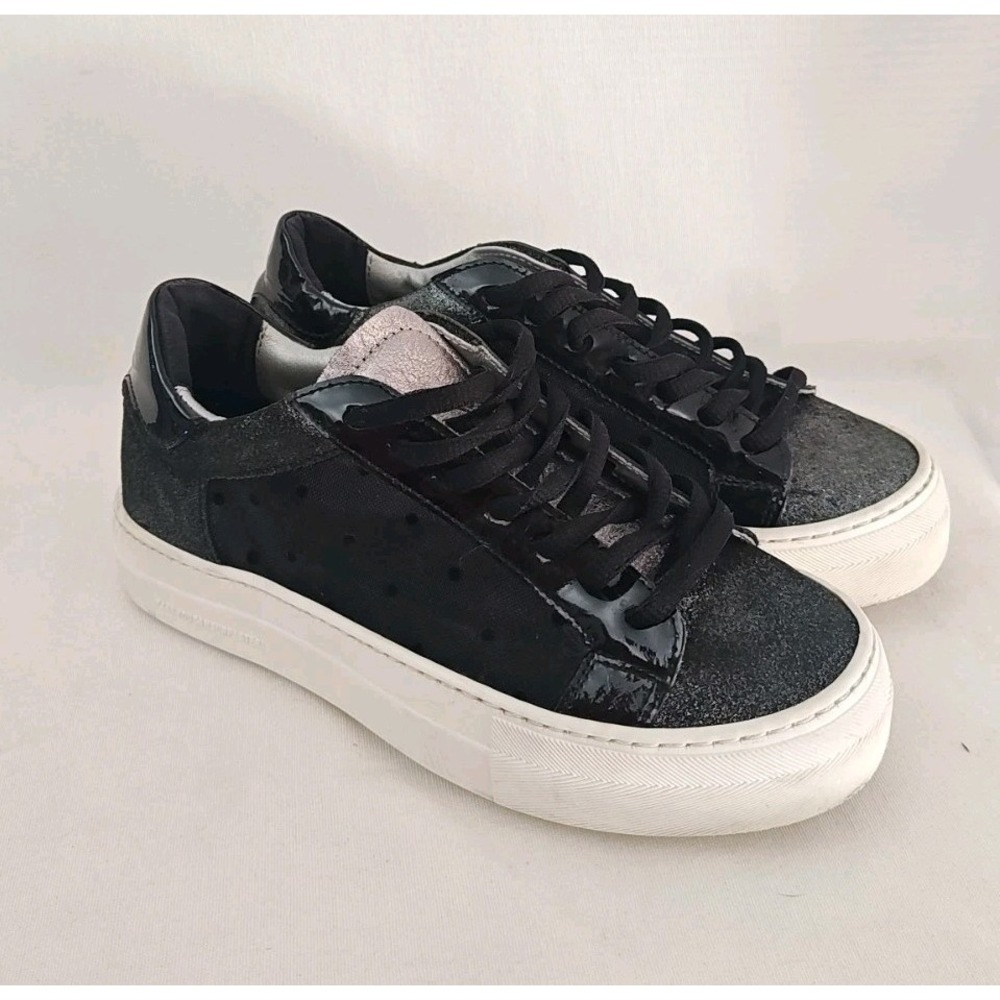P448 Thea Sneakers Platform Black‎ Metallic Sheer Polka Dot Glitter Silver 36 37